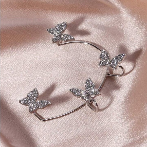 Silver Butterfly Ear Cuff/Ear Climber With Rhinestones - Picture 3 of 14
